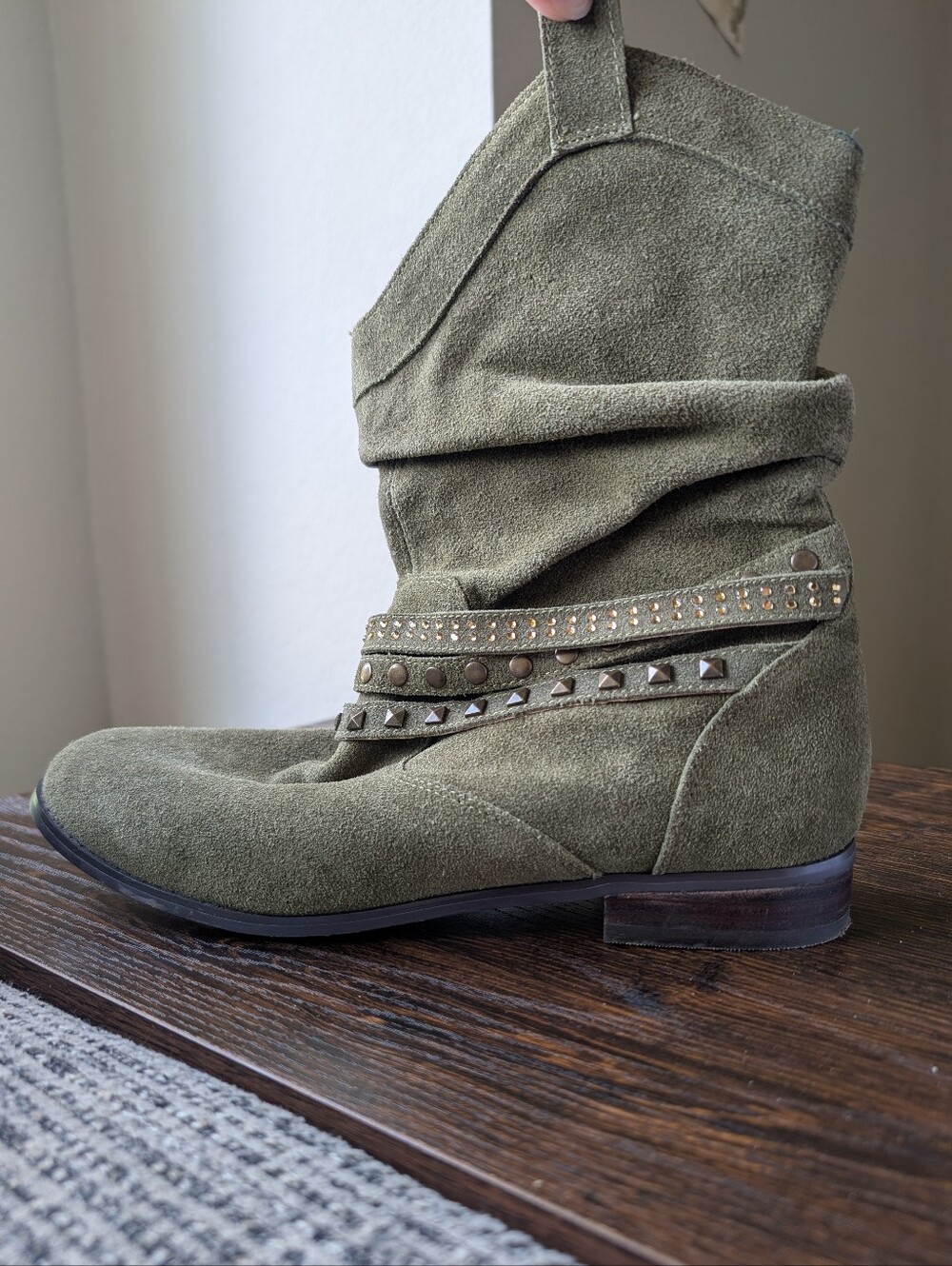Twiggy London Green Suede Studded Slouch Ankle Boots